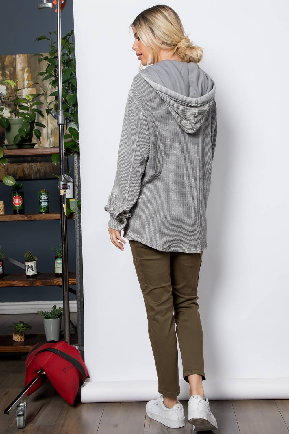 Garment Dye Heavy Waffle Knit Hoodie Shacket: Grey