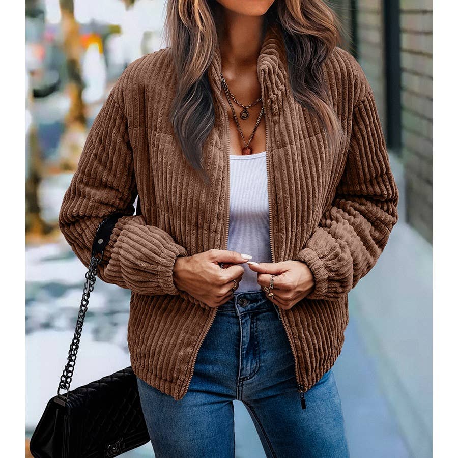 Fuzzy Pocket Zipper Strip Coat Jacket: BROWN / S