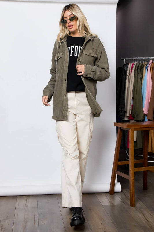 Garment Dye Heavy Waffle Knit Hoodie Shacket: Olive