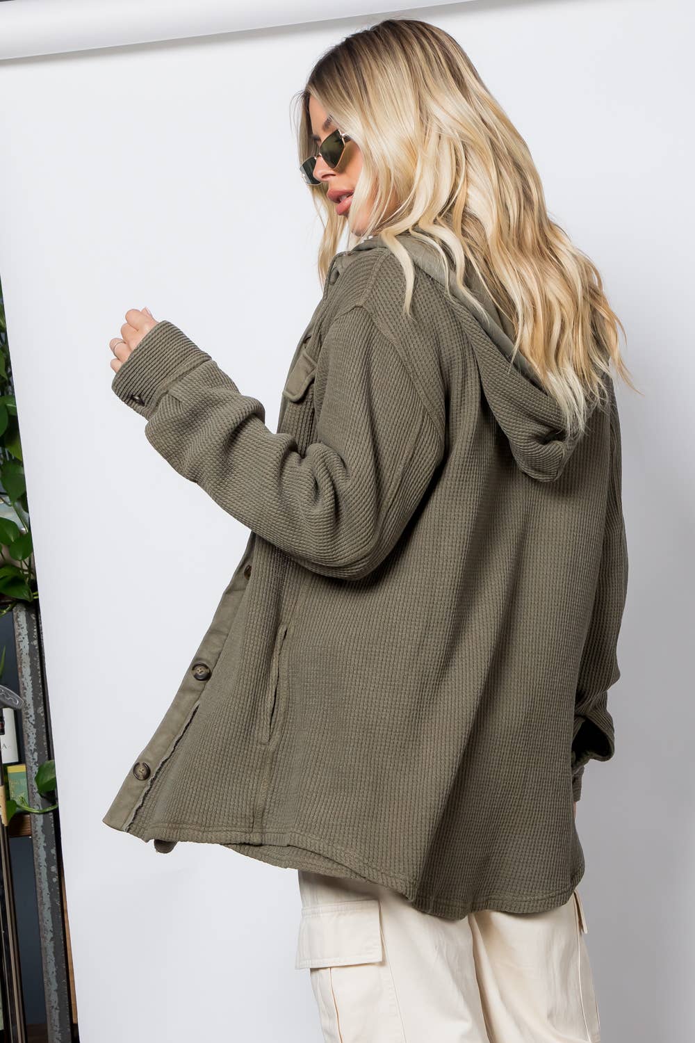 Garment Dye Heavy Waffle Knit Hoodie Shacket: Olive