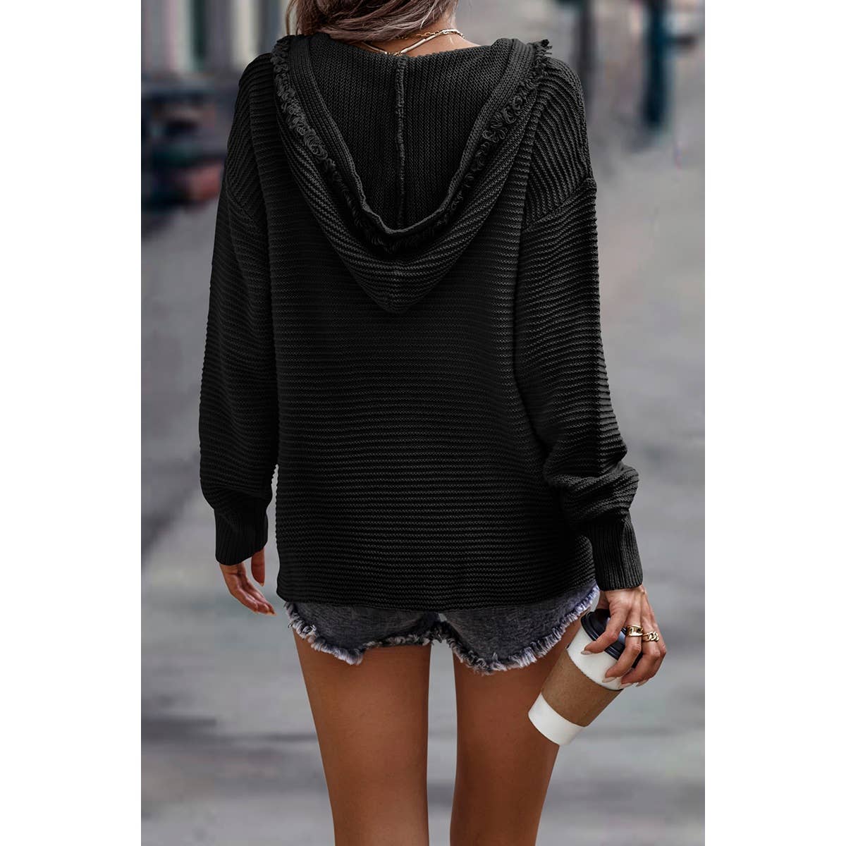 Block Botton Up Fluffy Outerwear: BLACK / S