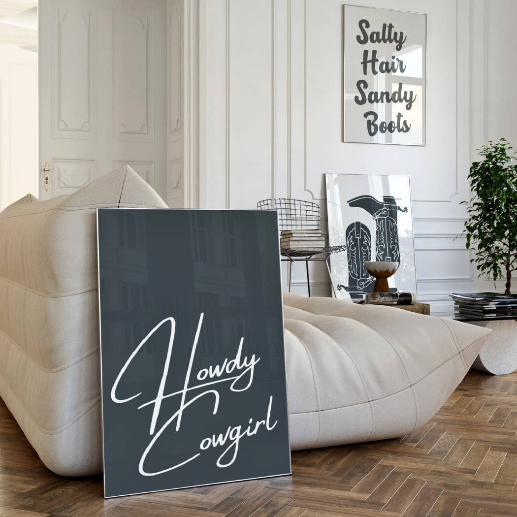 Howdy Cowgirl Monotone Coastal Cowgirl Wall Art Prints: 9" x 11"