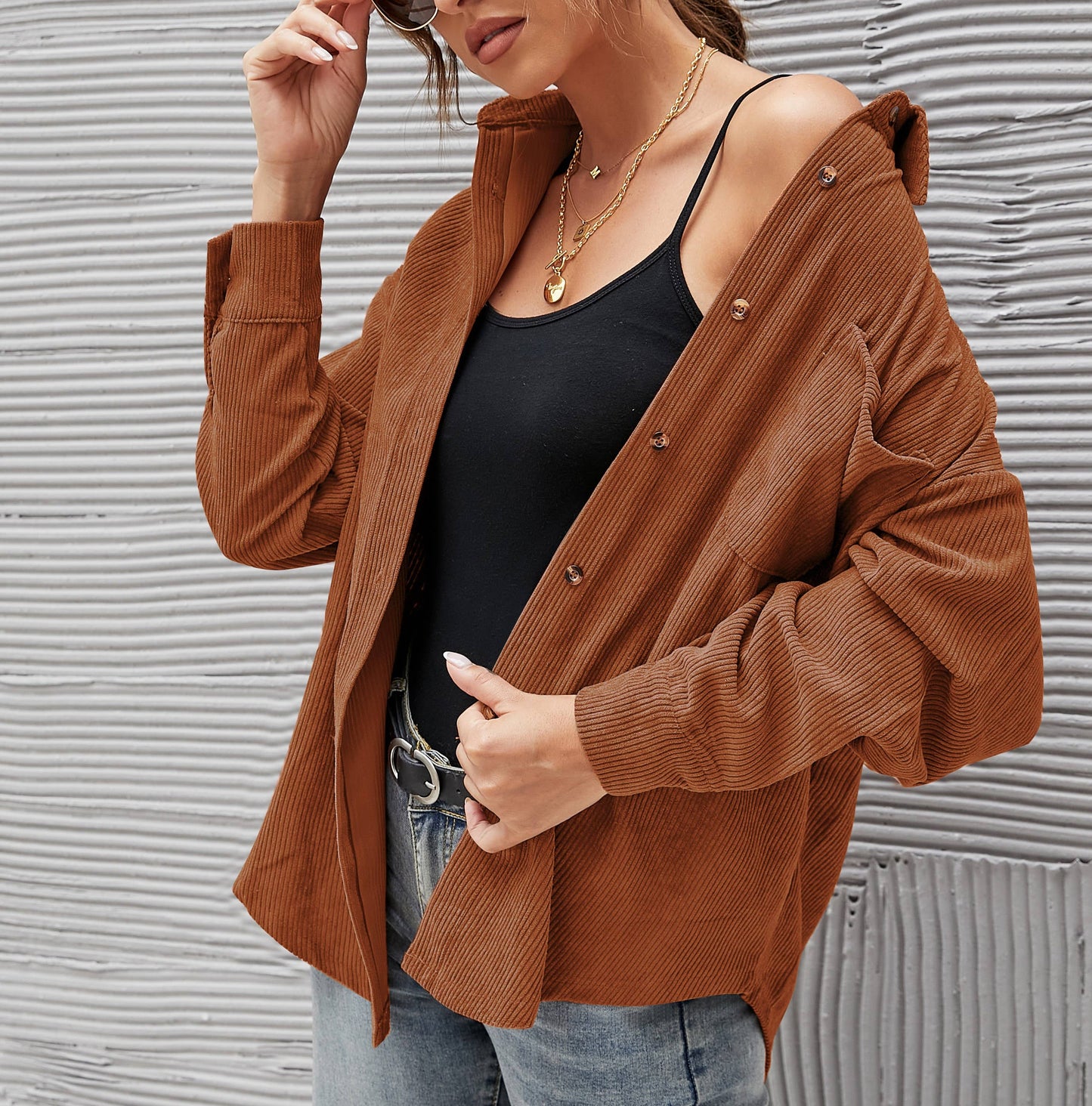 Corduroy Oversized Solid Shacket: Caramel / M