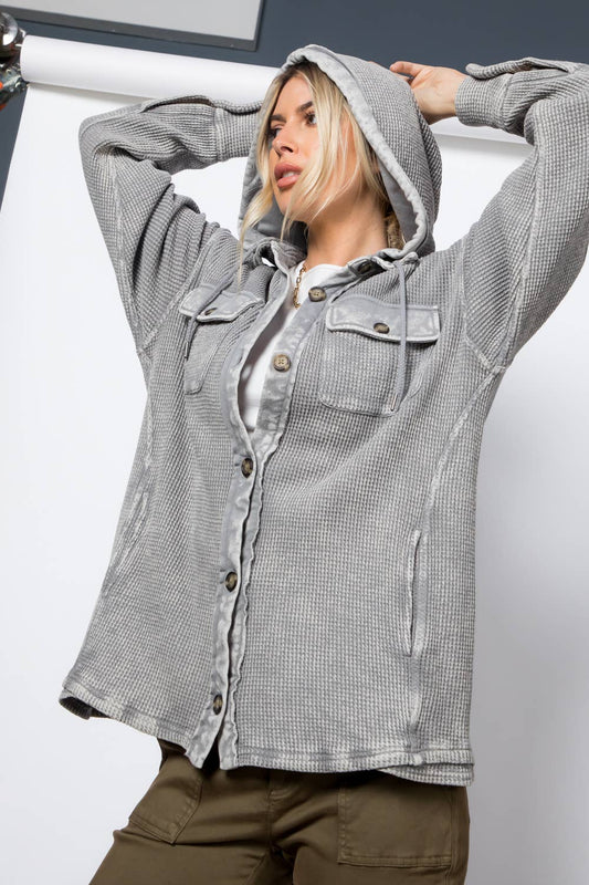 Garment Dye Heavy Waffle Knit Hoodie Shacket: Grey