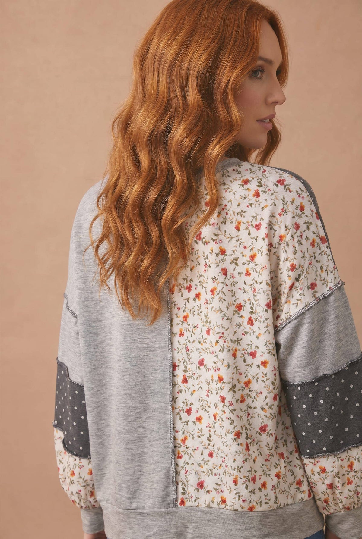 Round Neck Mixed Print Patchwork Pullover: GREY/CHARCOAL