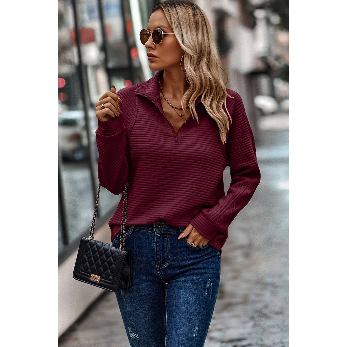 Drop Shoulder Strip Half Zipper Fit Solid Sweatshirt: WINE / XL