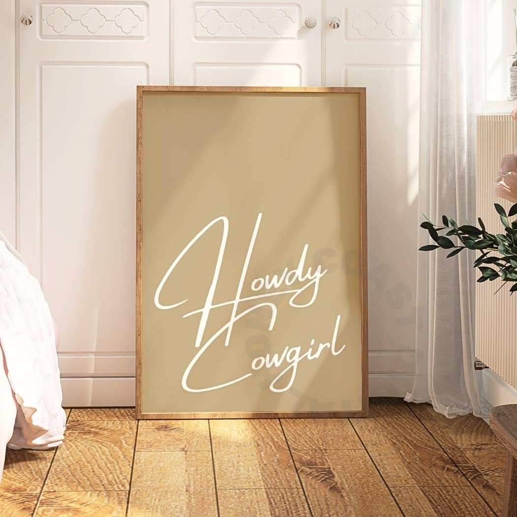 Coastal Cowgirl Poster, Trendy Neutral Beige Cowboy Wall Art: 9" x 11"