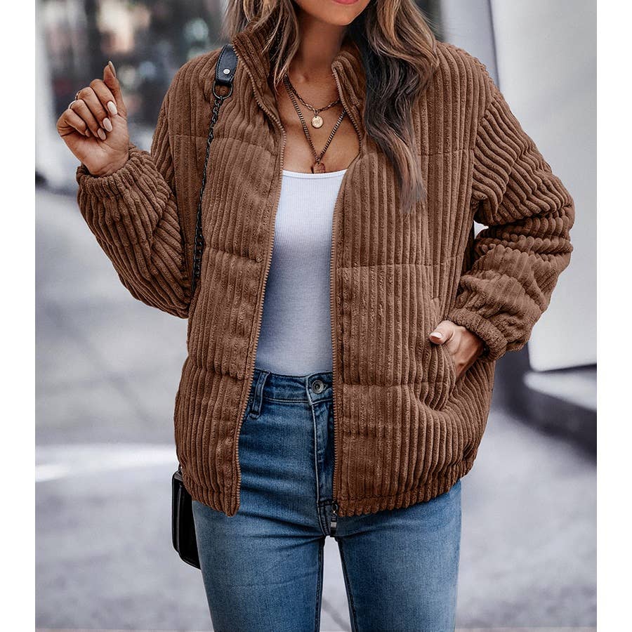 Fuzzy Pocket Zipper Strip Coat Jacket: BROWN / S