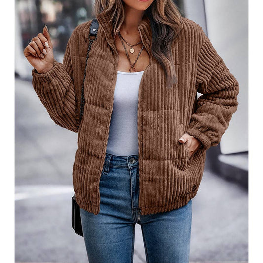Fuzzy Pocket Zipper Strip Coat Jacket: BROWN / S