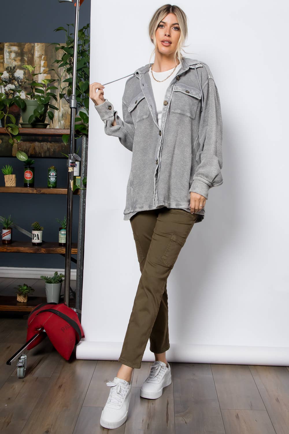 Garment Dye Heavy Waffle Knit Hoodie Shacket: Grey
