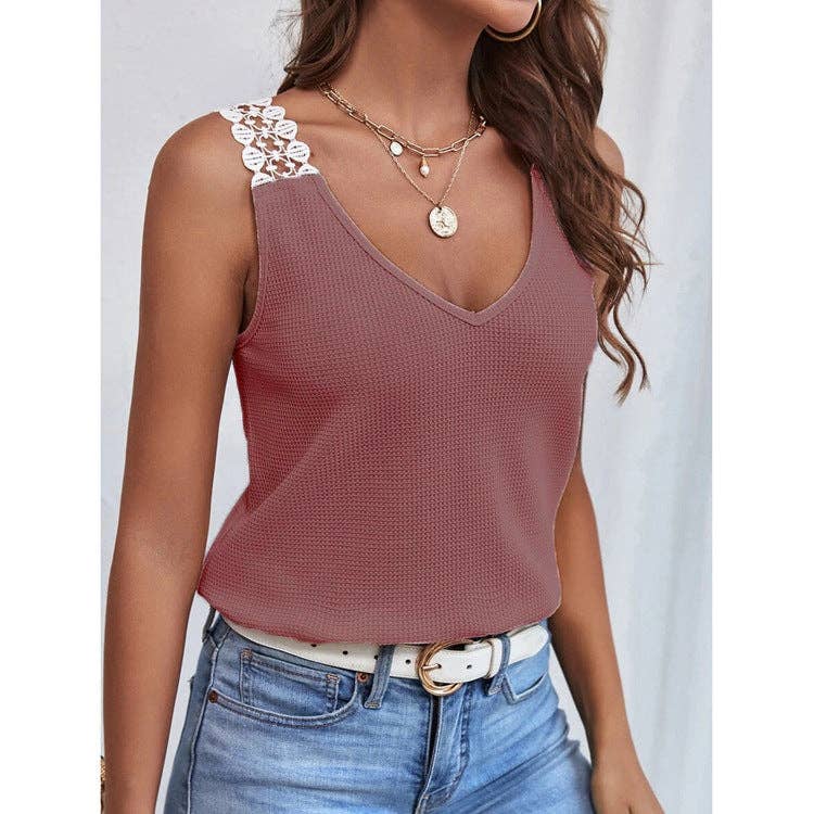 Solid Color Sleeveless V-Neck Ladies T-Shirt YC230528: Grey / S
