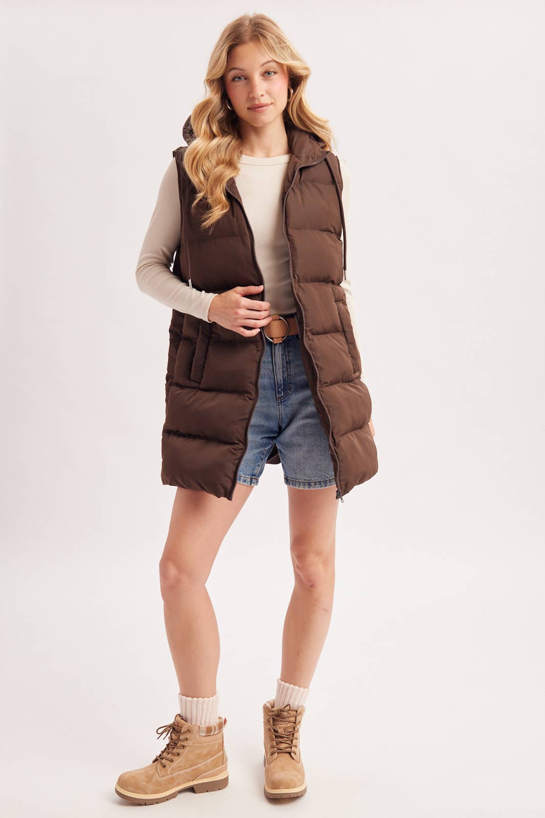 HOODED ZIPPER DOWN LONGLINE PUFFER VEST: CHOCOLATE / L