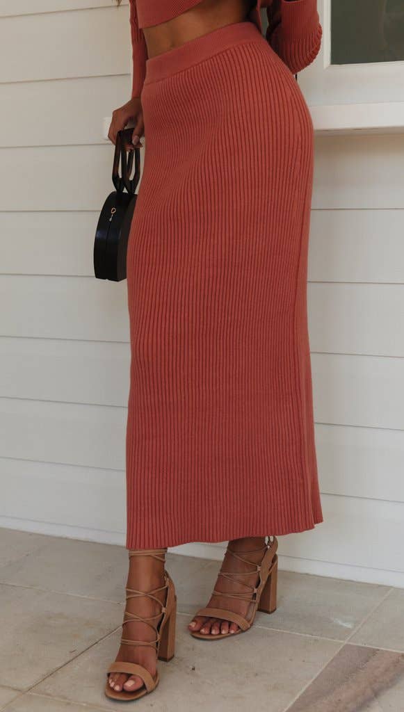 Solid Color Top & Skirt 2PCS Kintted Set Sweater Set HL7300: Brick / XL