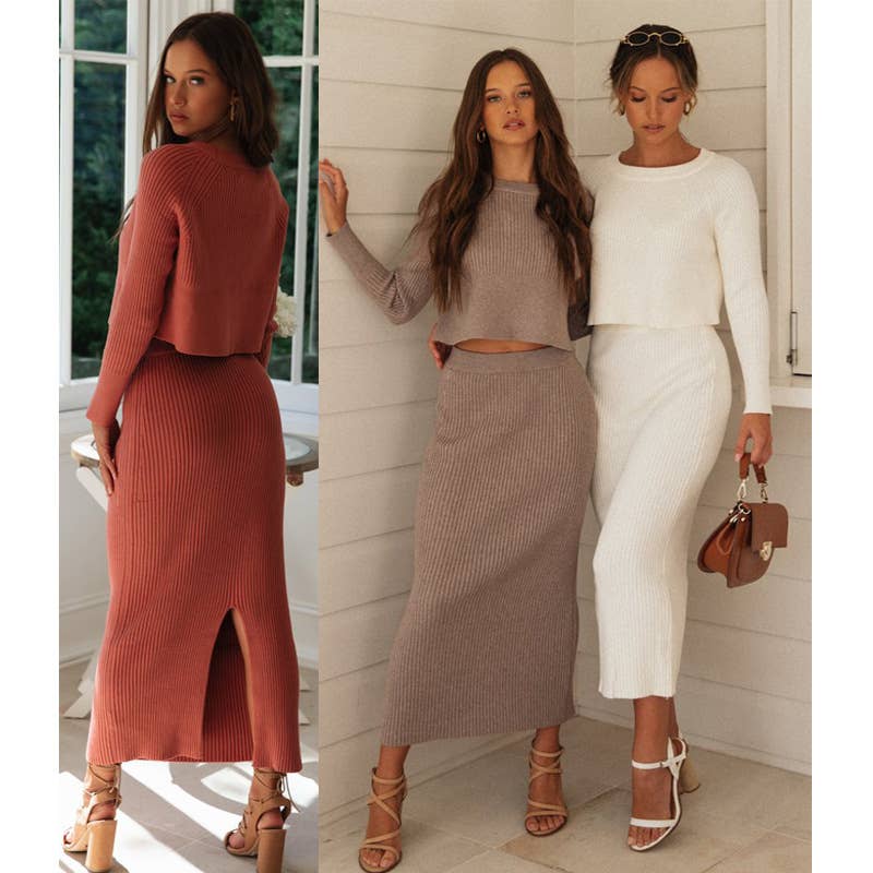 Solid Color Top & Skirt 2PCS Kintted Set Sweater Set HL7300: Brick / S