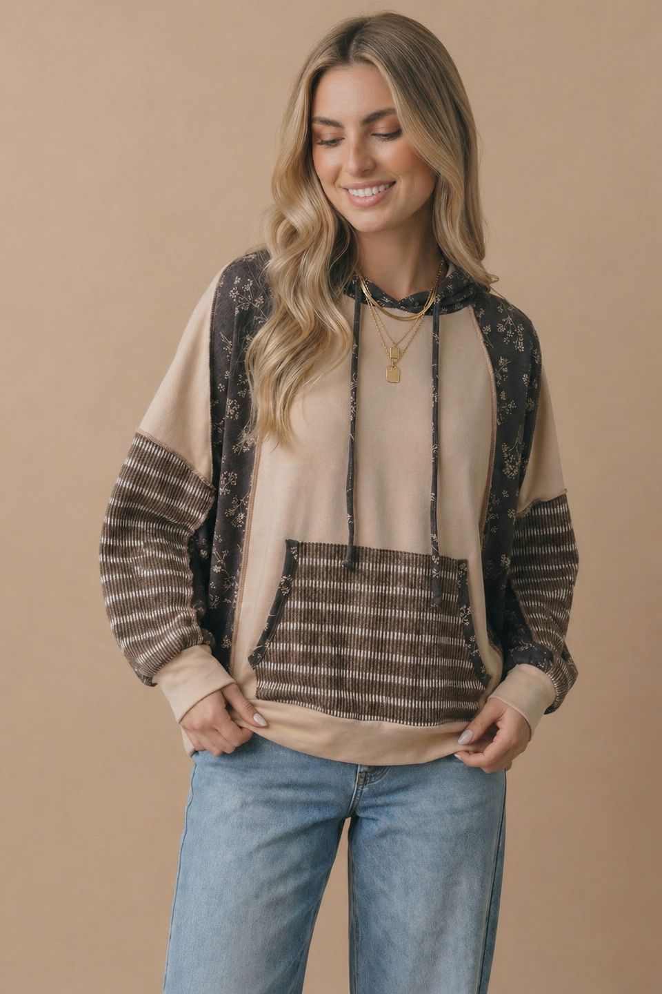 Long Sleeve Oversized Kangaroo Pocket Hoodie: TAUPE/CHARCOAL