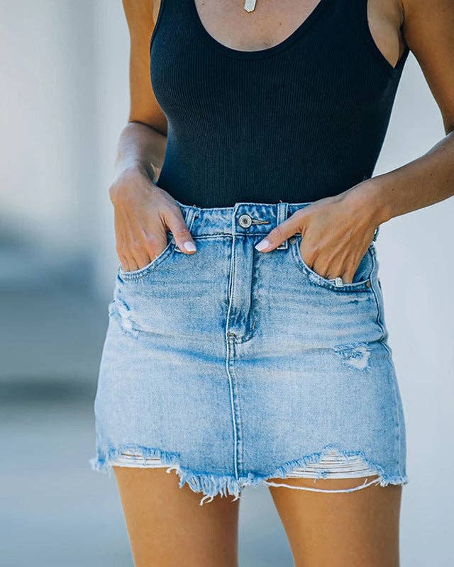 Distressed Raw Hem Denim Mini Skirt SKS6707: Blue / S
