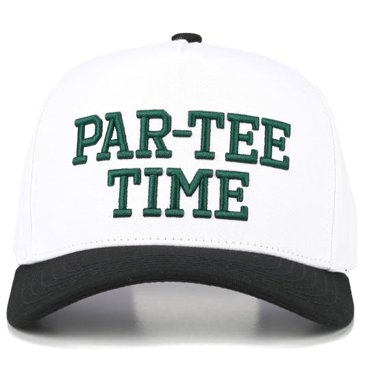 C.C PAR-TEE TIME Letter Embroidered on Two Tone Trucker Hat: Black