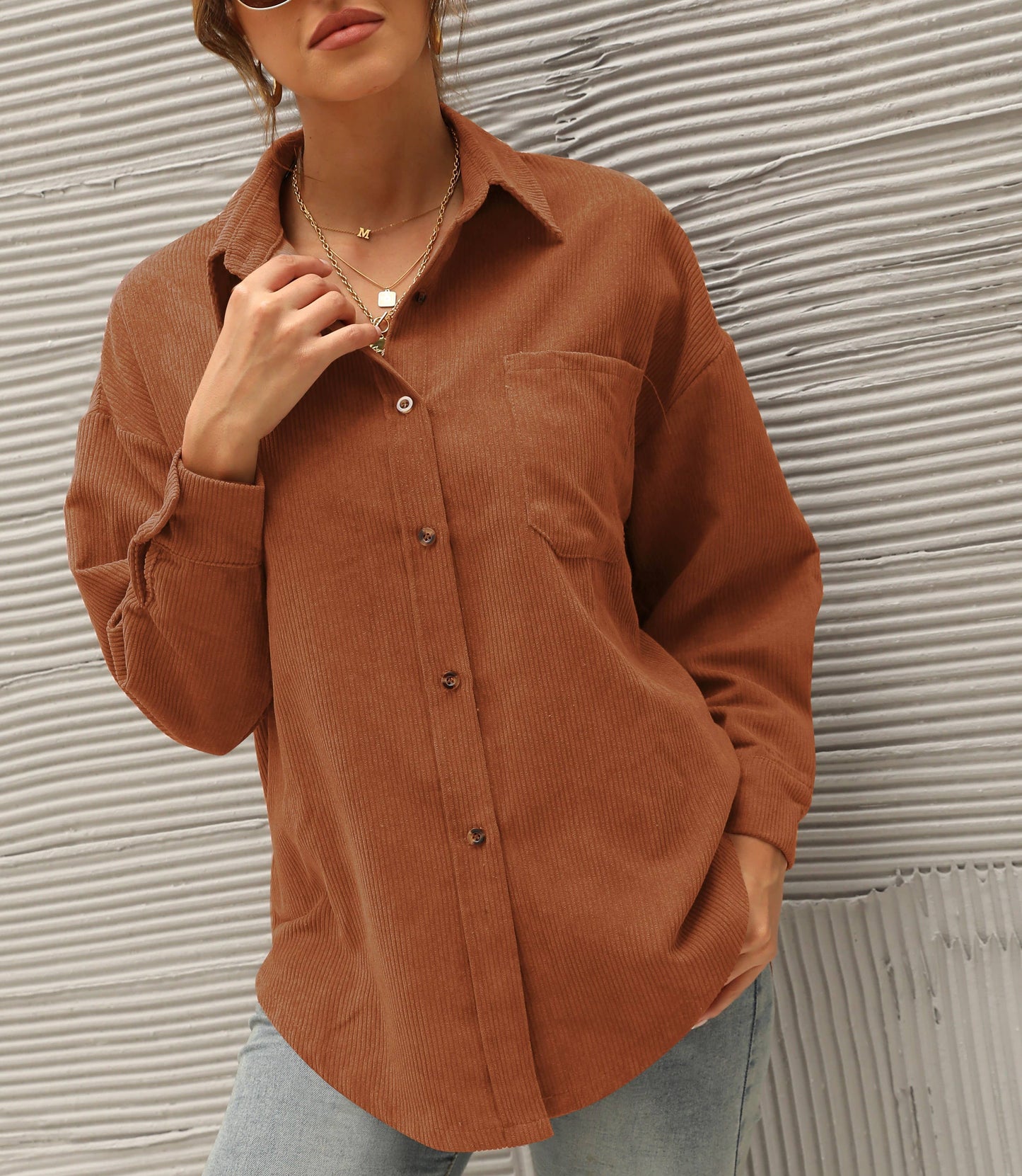 Corduroy Oversized Solid Shacket: Caramel / XL