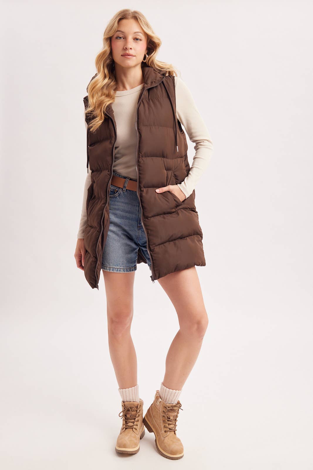 HOODED ZIPPER DOWN LONGLINE PUFFER VEST: CHOCOLATE / L