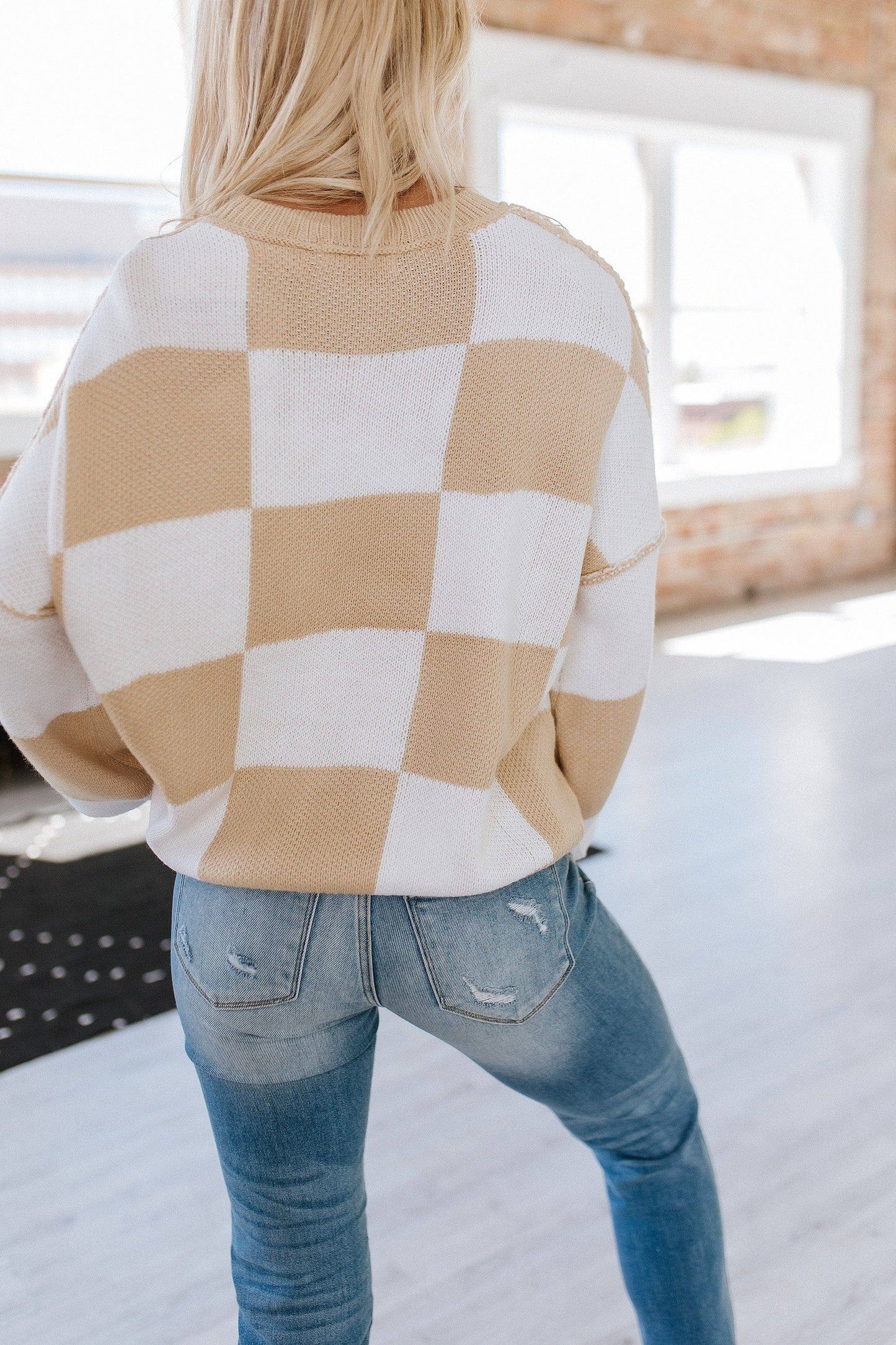 Checkered Bishop Sleeve Sweater