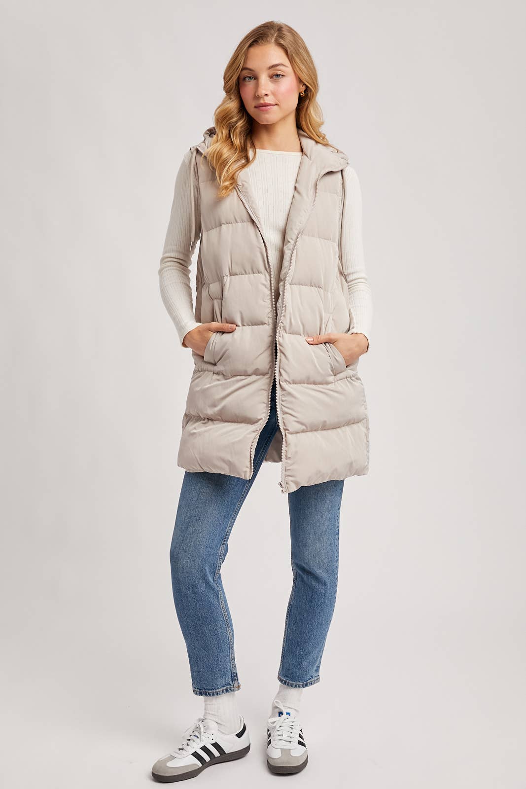 HOODED ZIPPER DOWN LONGLINE PUFFER VEST: CHOCOLATE / M