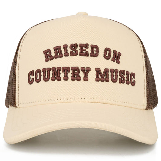 C.C RAISED ON COUNTRY MUSIC Letter on Two Tone Trucker Hat: Cream/Cream/Brown