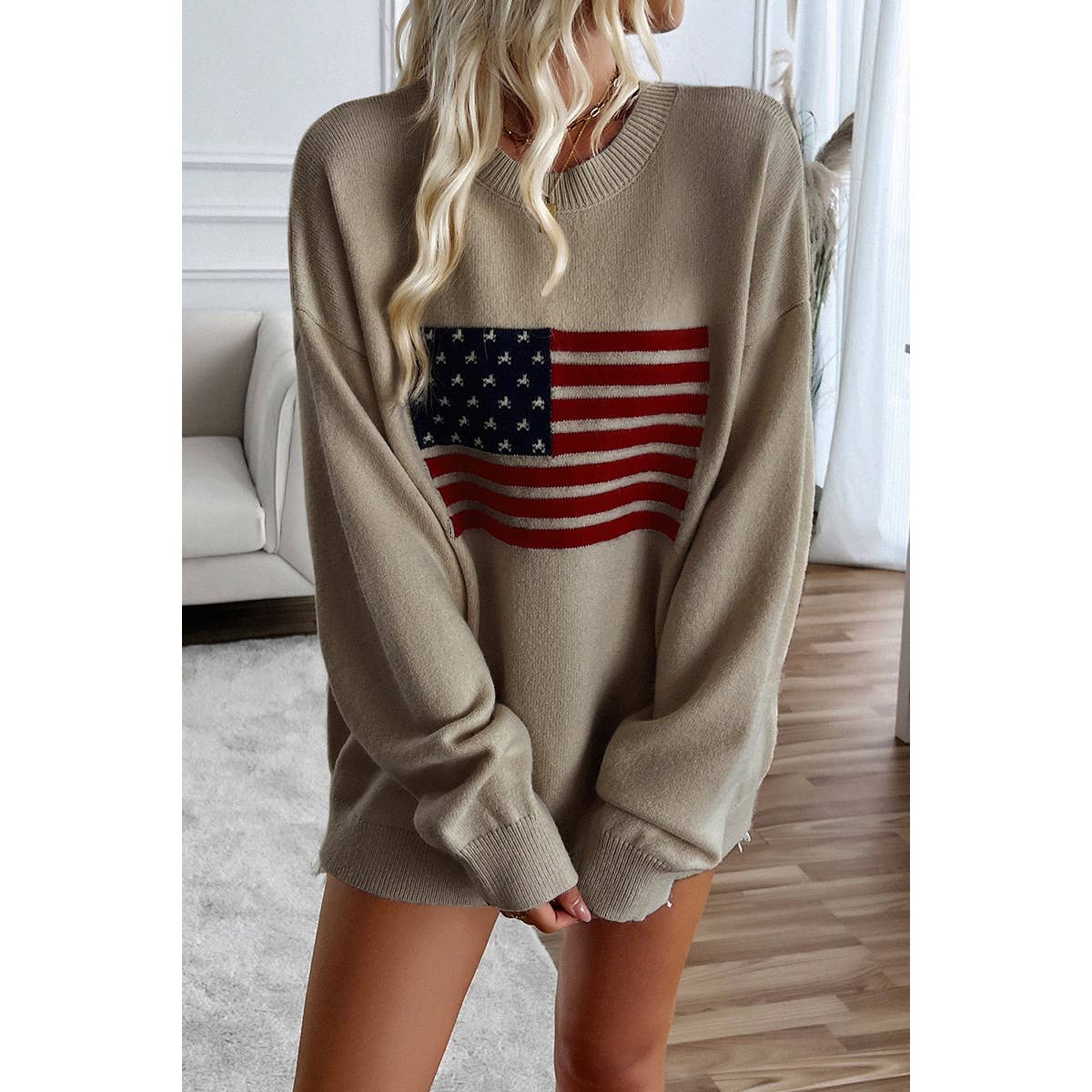 Knit Round Neck Flag Print Loose Fit Sweater: BEIGE / L