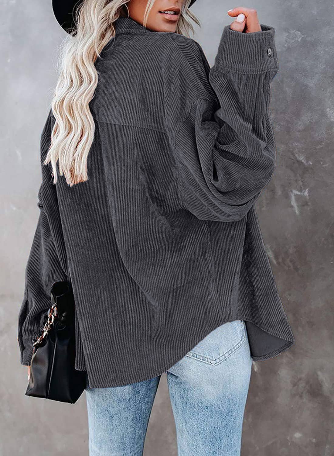 Corduroy Oversized Solid Shacket: Caramel / L