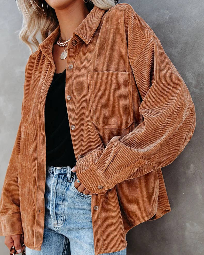 Corduroy Oversized Solid Shacket: Caramel / S