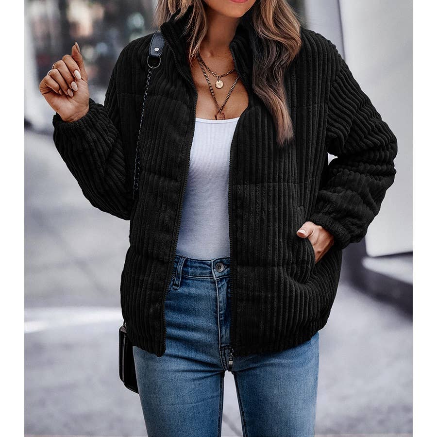 Fuzzy Pocket Zipper Strip Coat Jacket: BROWN / L
