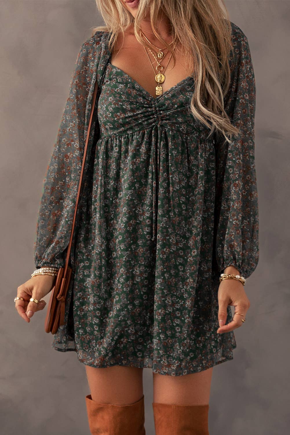 BOHO Floral Sweetheart Neck Mini Dress | S-XL: As shown / Missy / L