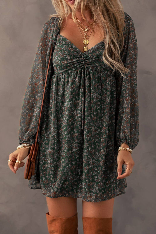 BOHO Floral Sweetheart Neck Mini Dress | S-XL: As shown / Missy / L