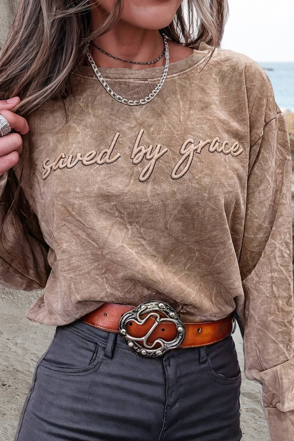Saved by grace Embroidery Mineral Wash Sweatshirt NEW | S-XL: As shown / Missy / S