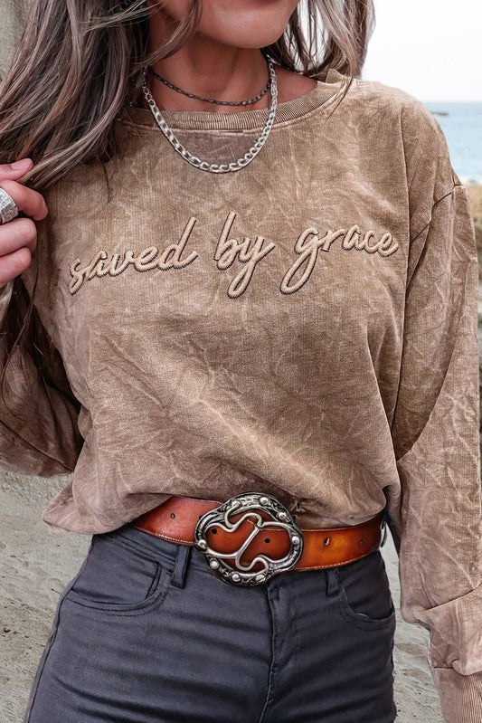 Saved by grace Embroidery Mineral Wash Sweatshirt NEW | S-XL: As shown / Missy / XL