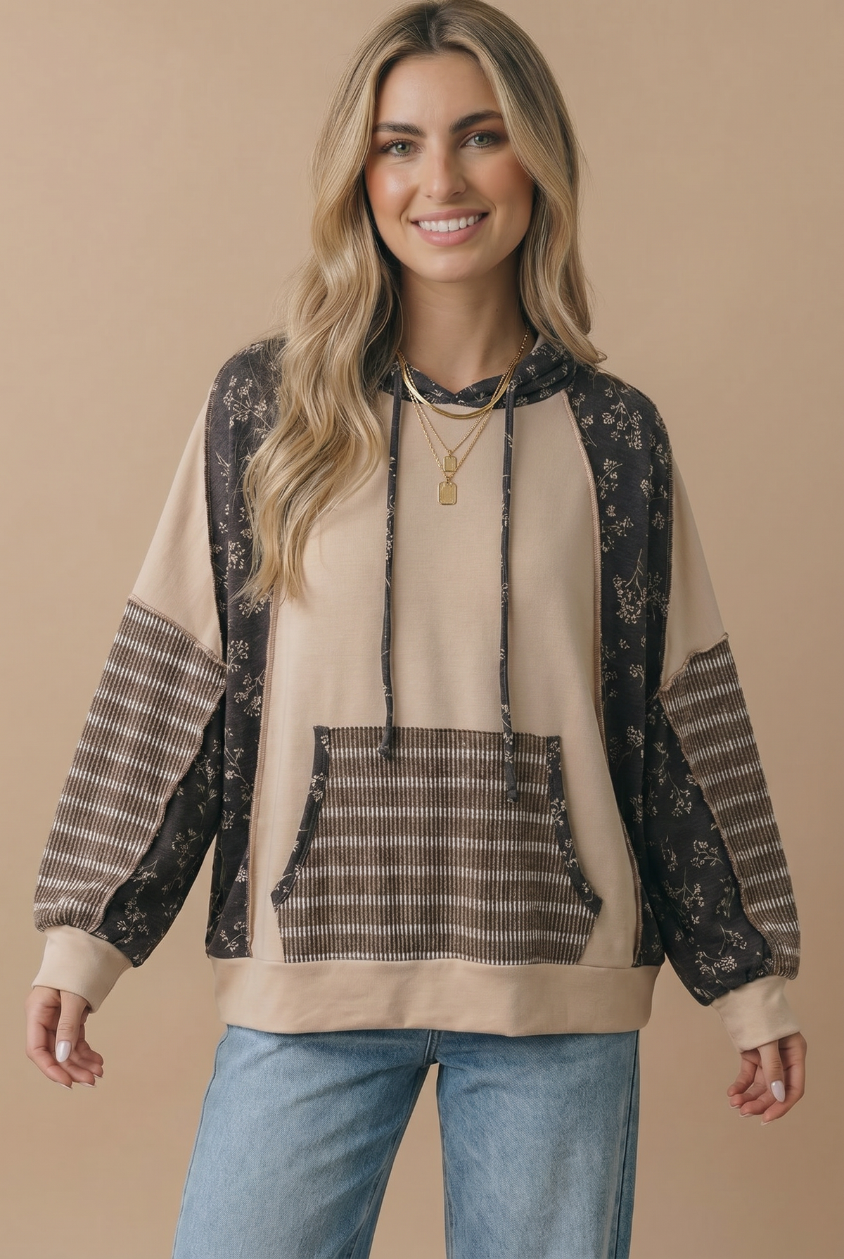 Long Sleeve Oversized Kangaroo Pocket Hoodie: TAUPE/CHARCOAL