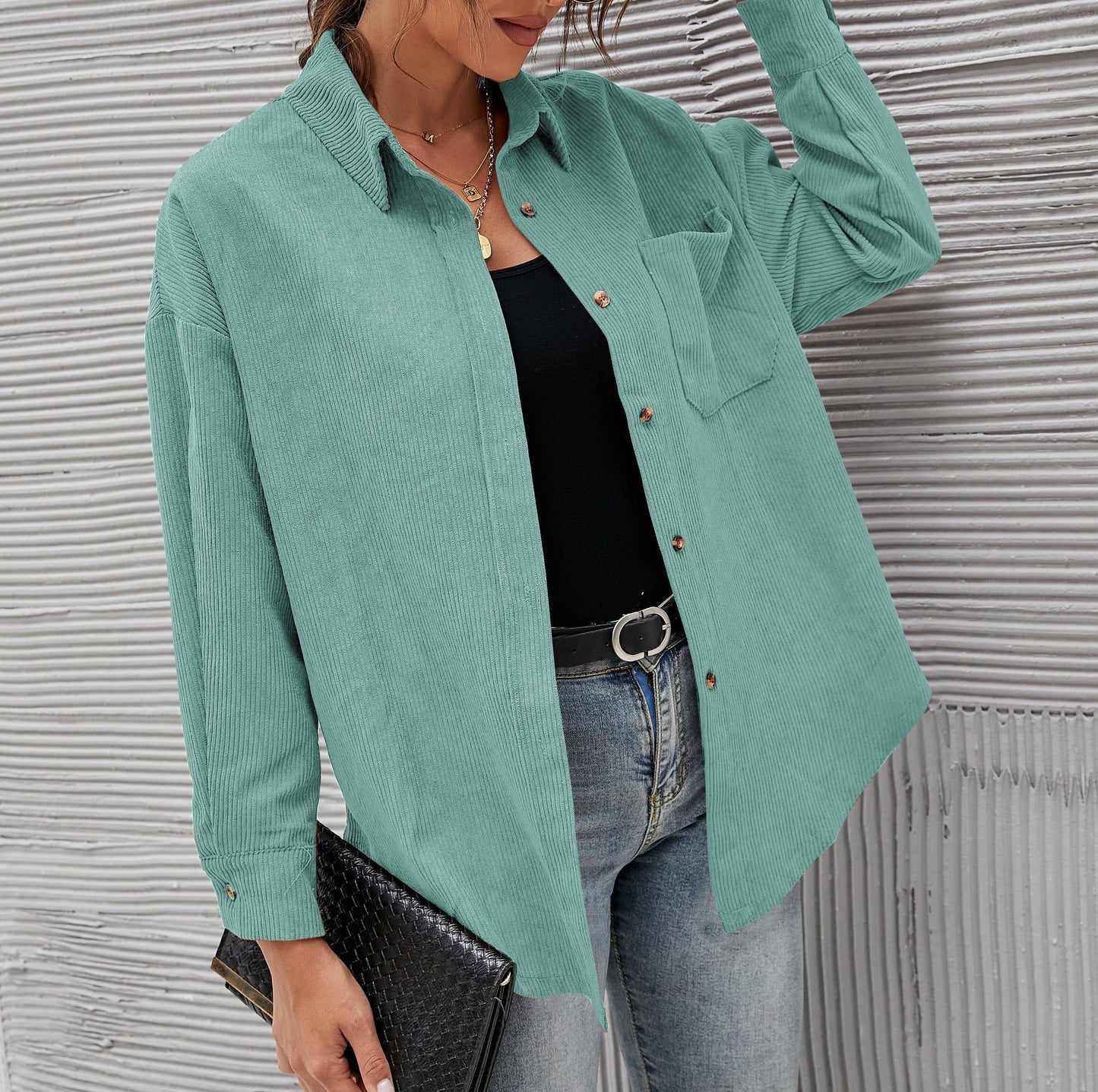 Corduroy Oversized Solid Shacket: Caramel / M