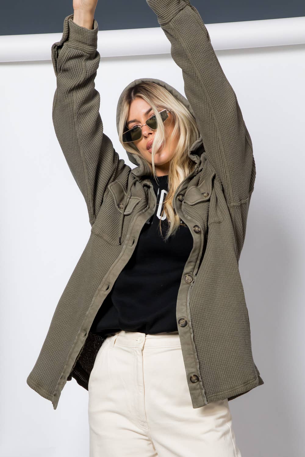 Garment Dye Heavy Waffle Knit Hoodie Shacket: Olive