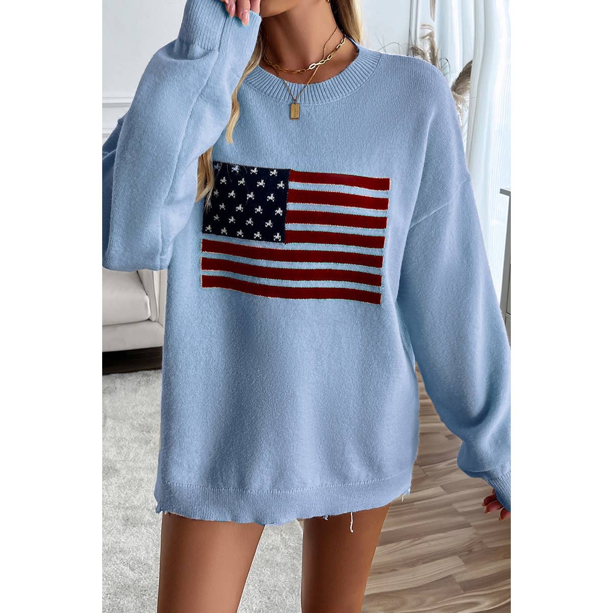 Knit Round Neck Flag Print Loose Fit Sweater: BEIGE / XL