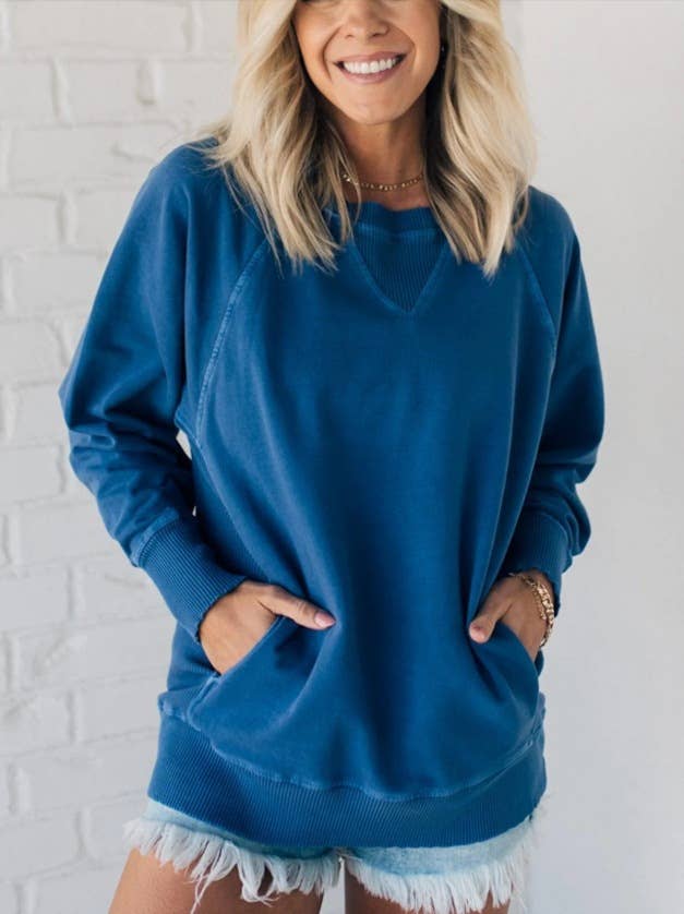 RIBBED POCKET PULLOVER LONG-SLEEVED LOOSE HOODIE: ARMYGREEN / (L) 1
