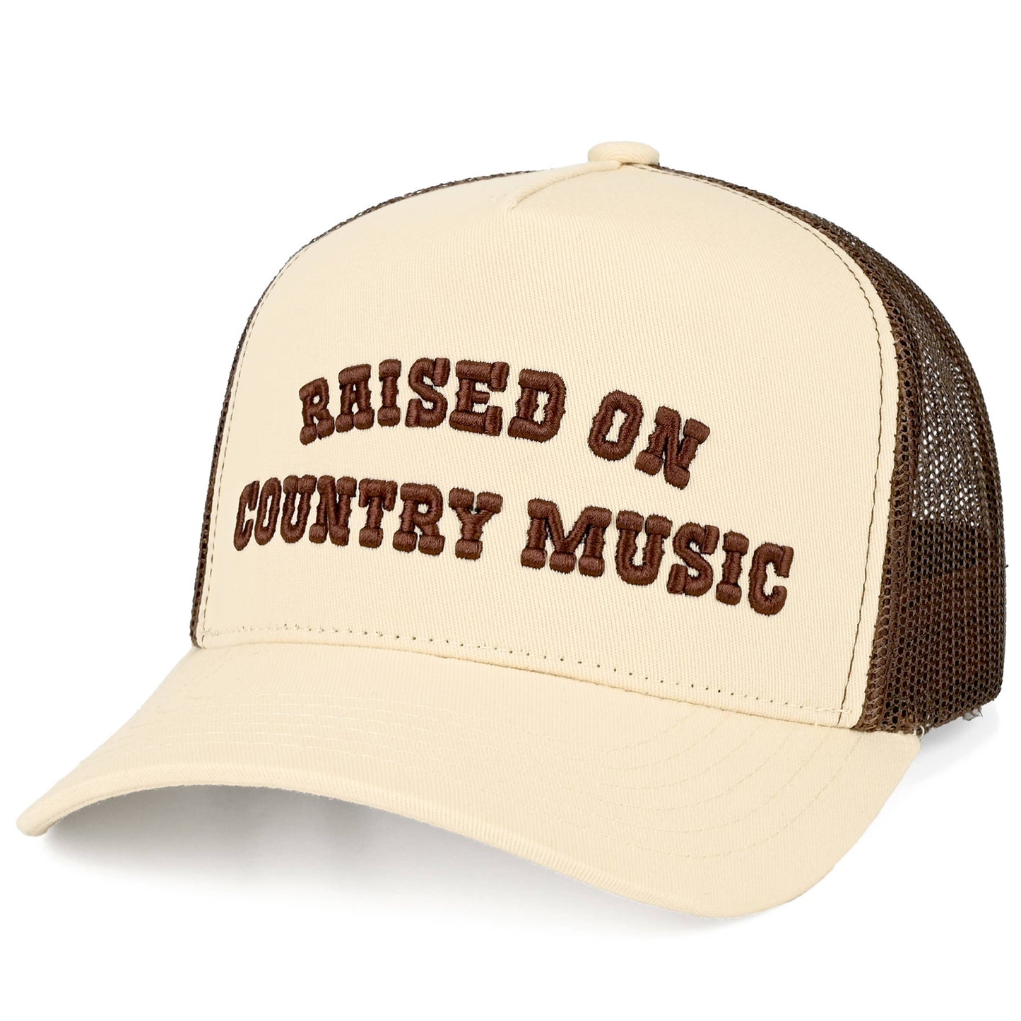 C.C RAISED ON COUNTRY MUSIC Letter on Two Tone Trucker Hat: Cream/Cream/Brown