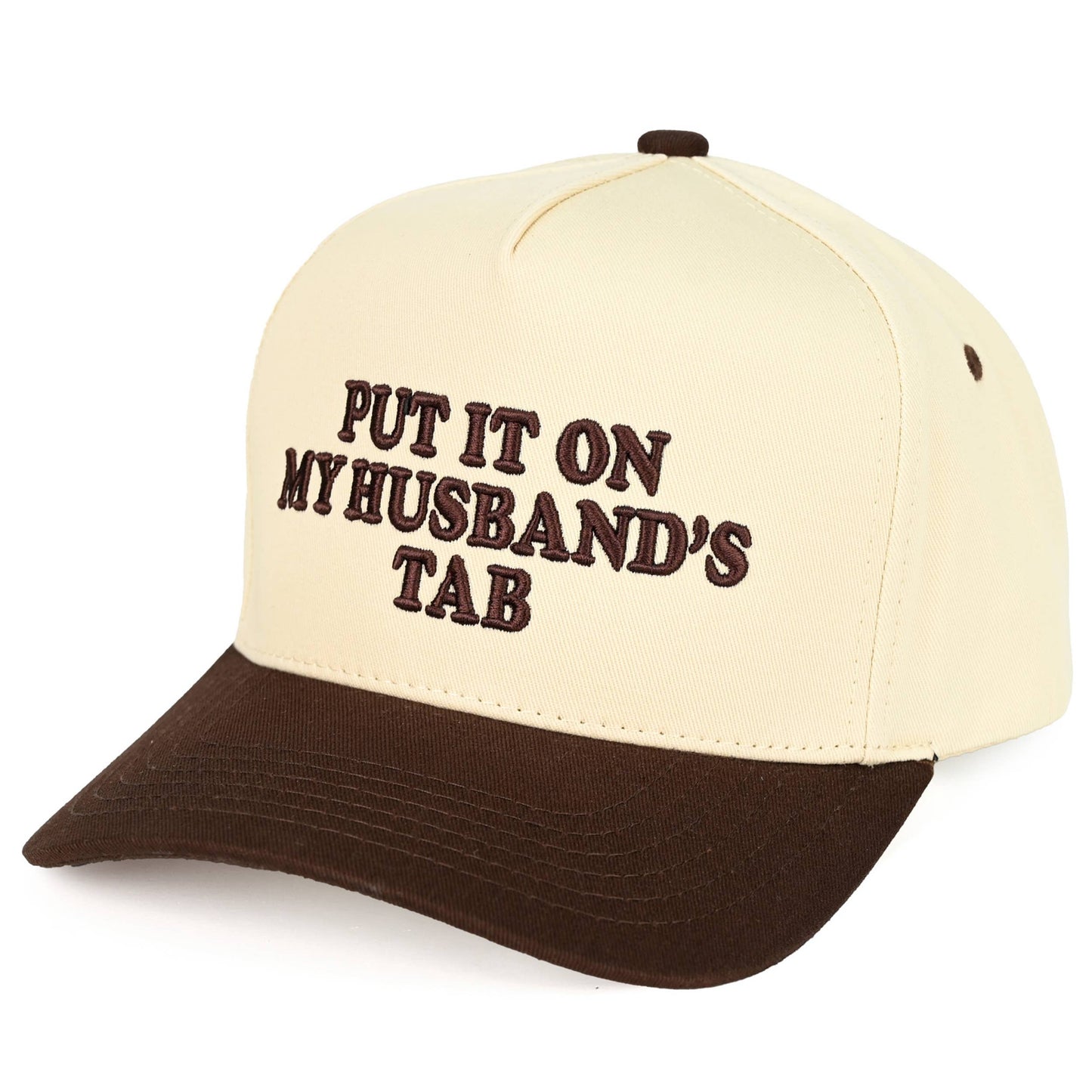 C.C PUT IT ON MY HUSBAND'S TAB Letter Trucker Hat: Brown