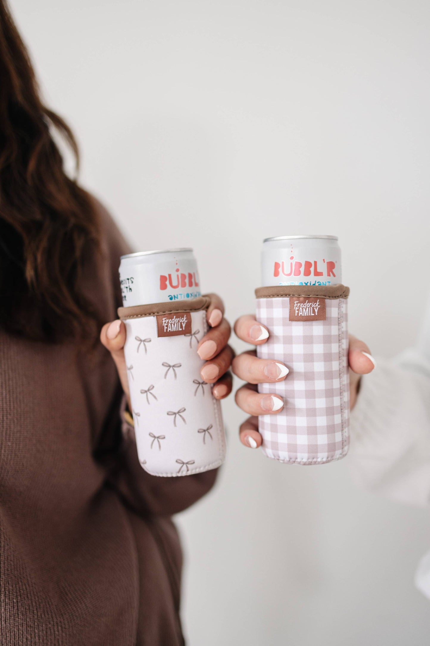 Slim Can Drink Sleeves- Reusable Neoprene Coolers with Aesthetic Patterns, 12oz Skinny Can Holder for Seltzer Energy Drinks: 1 brown bow
