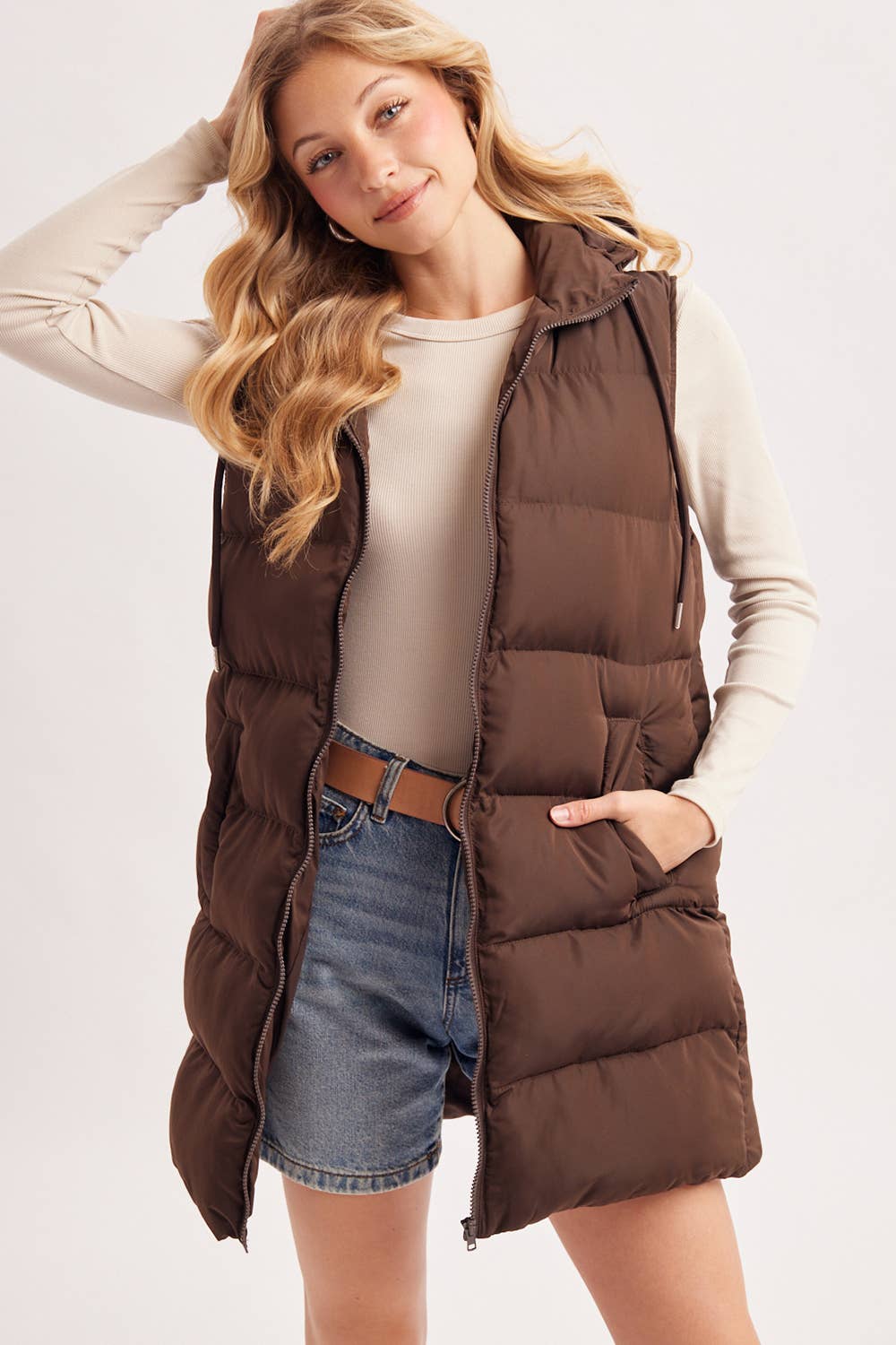 HOODED ZIPPER DOWN LONGLINE PUFFER VEST: CHOCOLATE / M