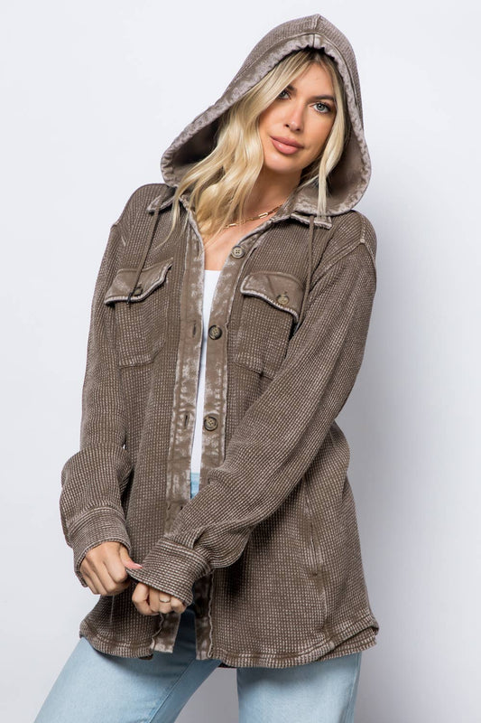 Garment Dye Heavy Waffle Knit Hoodie Shacket: Mocha