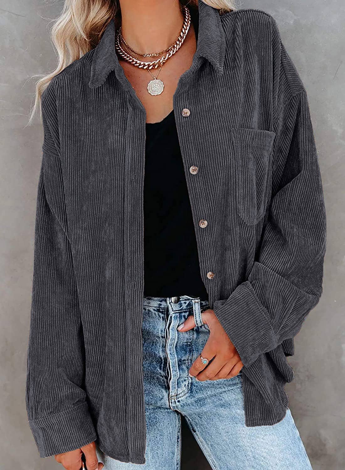 Corduroy Oversized Solid Shacket: Caramel / M