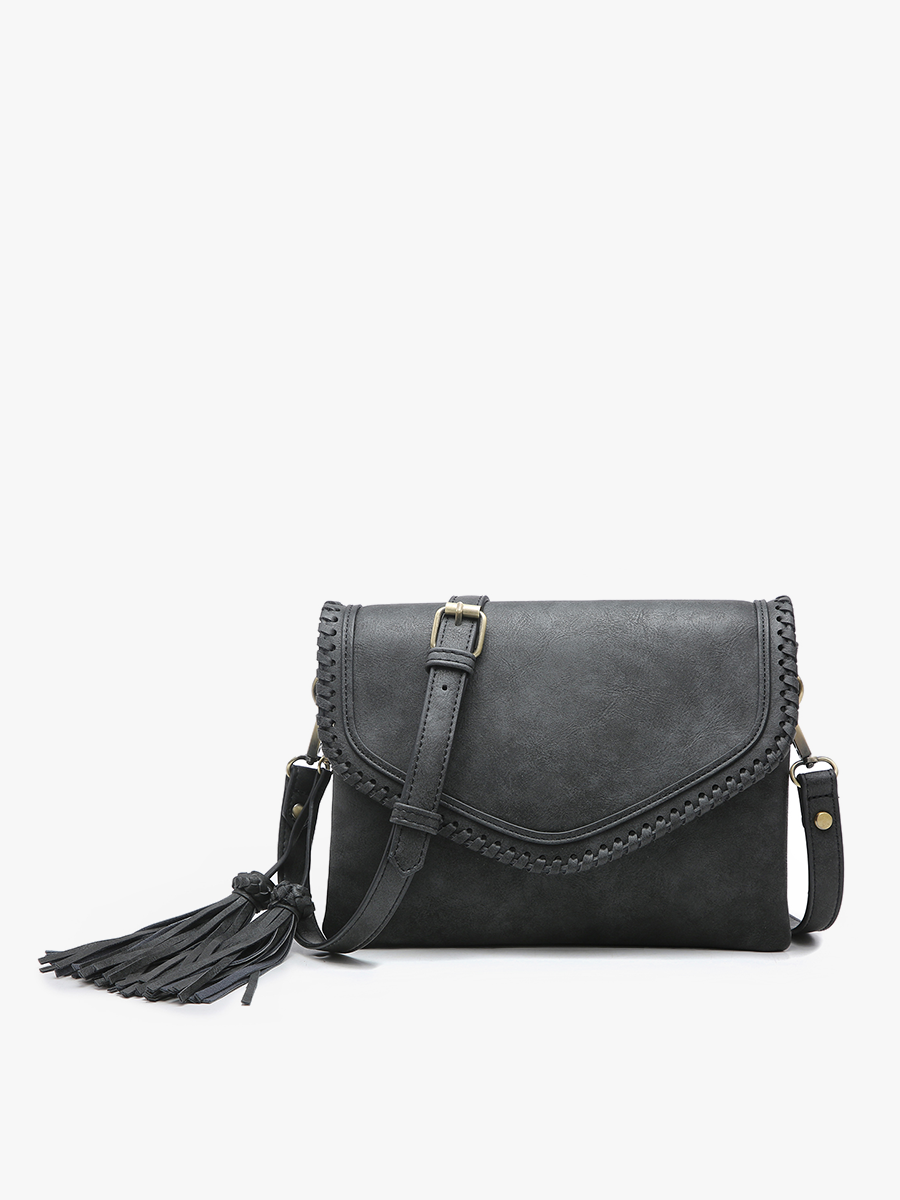 Sloane Flapover Crossbody w/ Whipstitch and Tassel | M1802A : Grey