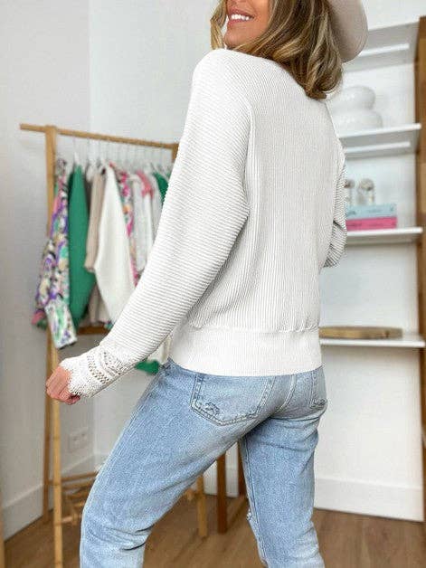 Woman Solid Lace Long Sleeve Striped Top: BLACK / XL