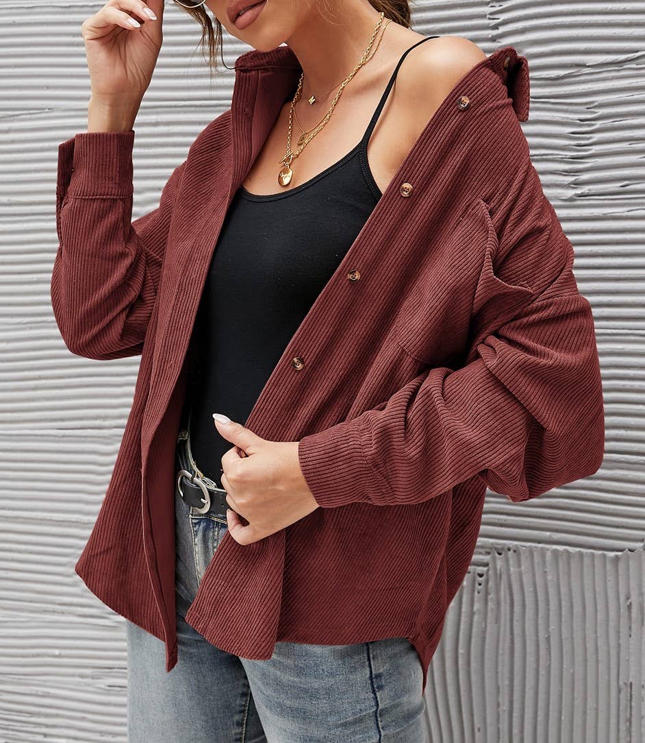 Corduroy Oversized Solid Shacket: Caramel / M