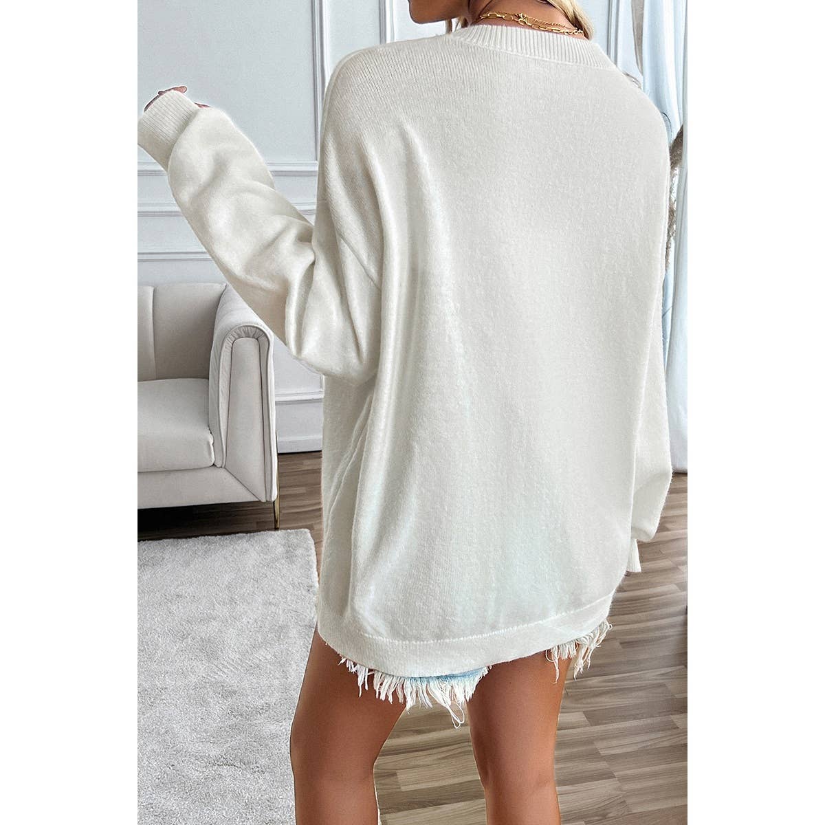 Knit Round Neck Flag Print Loose Fit Sweater: BEIGE / XL