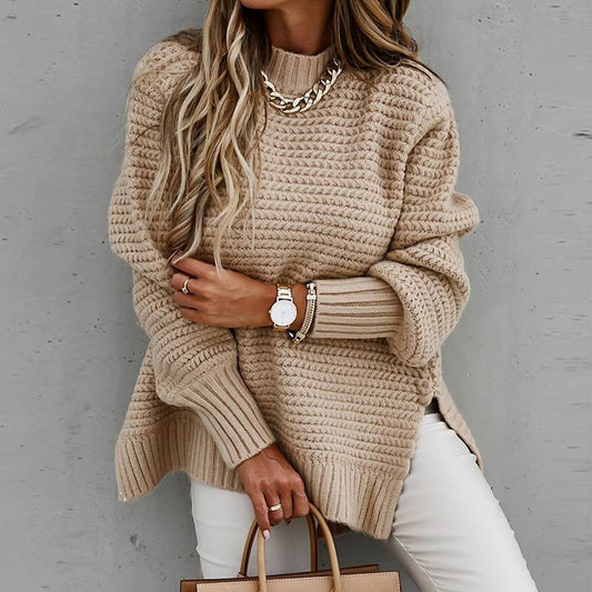Chunky knit side split  plain knit sweater jumper: Beige / S